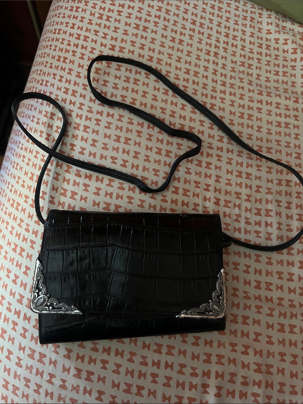 Black Brighton Croc-Embossed Crossbody Bag with Silver Corner Accents